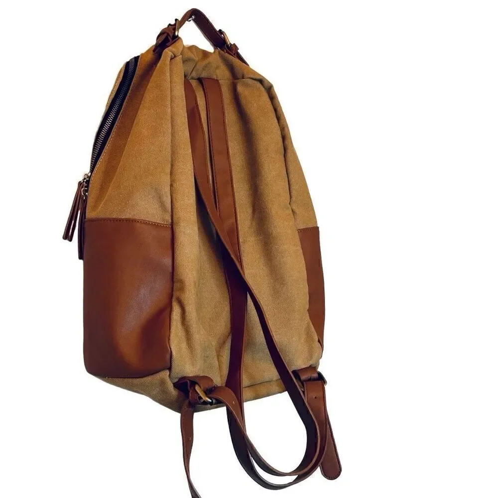 Madison West Colorblock Ribbed Trim Canvas & Vegan Leather Backpack Brown OS